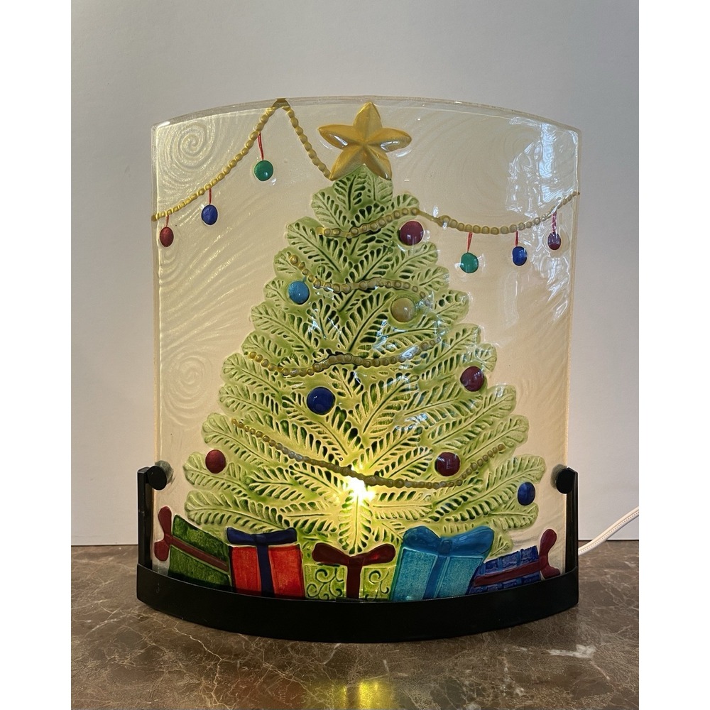Christmas Tree Glass Infused‎ Lighted Hand Painted Window Holiday Decor QVC Plug